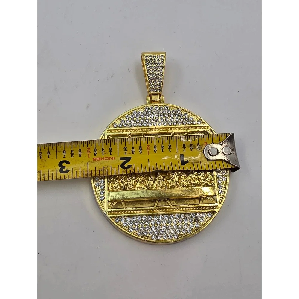 Gold Tone Last Supper Medallion Pendant Iced Out Rhinestone Hip Hop Religious